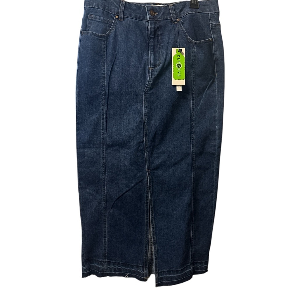 Denim Maxi Skirt with slit in the front, open hem, size 8, new